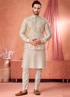 Cream Banarasi Silk Embroidered Sequins Thread Bandi Set