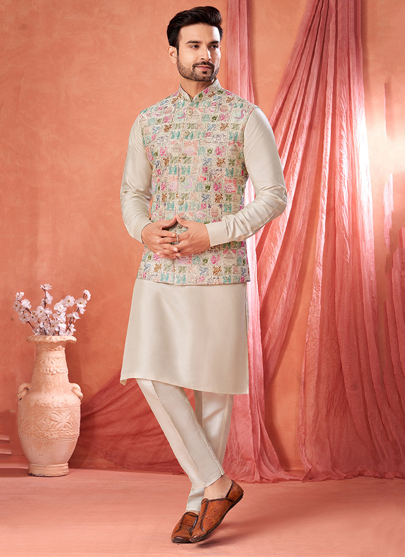 Cream Banarasi Silk Embroidered Sequins Thread Bandi Set Festive Wear