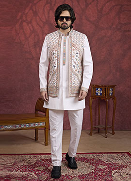 Cream Banarasi Silk Embroidered Sequins Thread Bandi Set