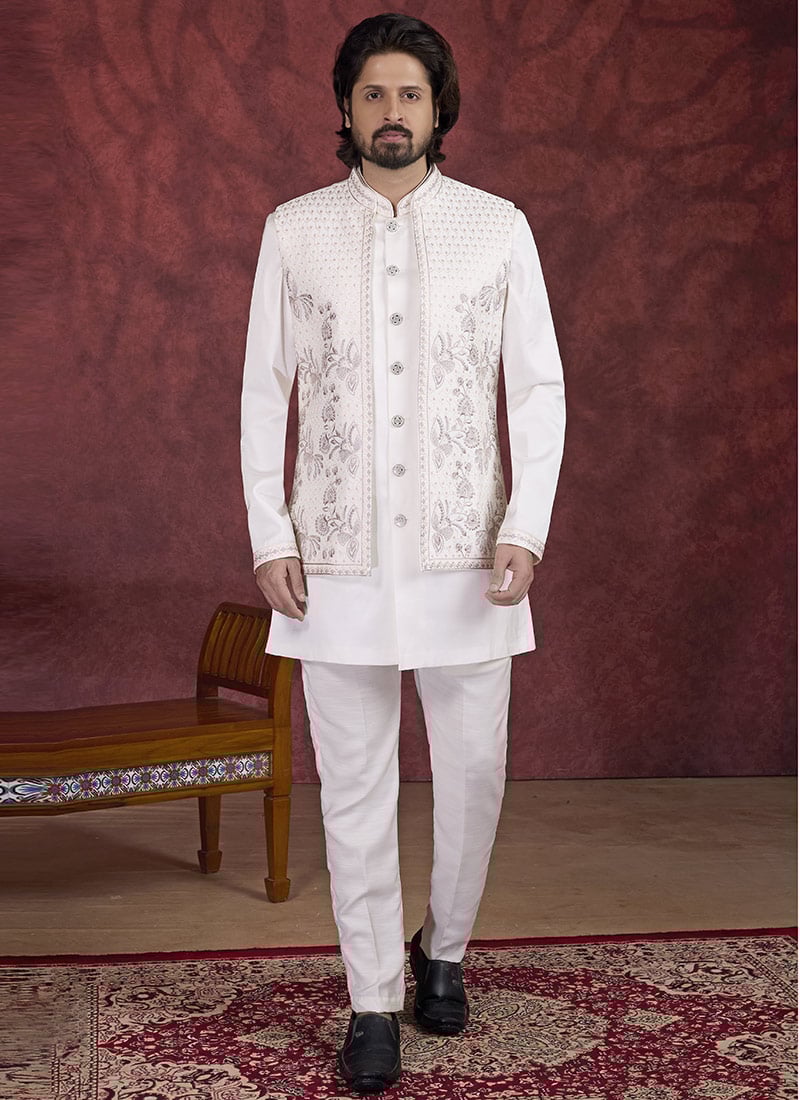 Cream Banarasi Silk Embroidered Sequins Thread Bandi Set Festive Wear