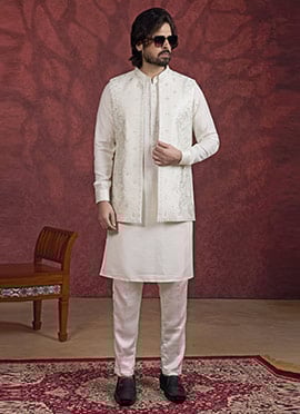 Cream Banarasi Silk Embroidered Sequins Thread Bandi Set