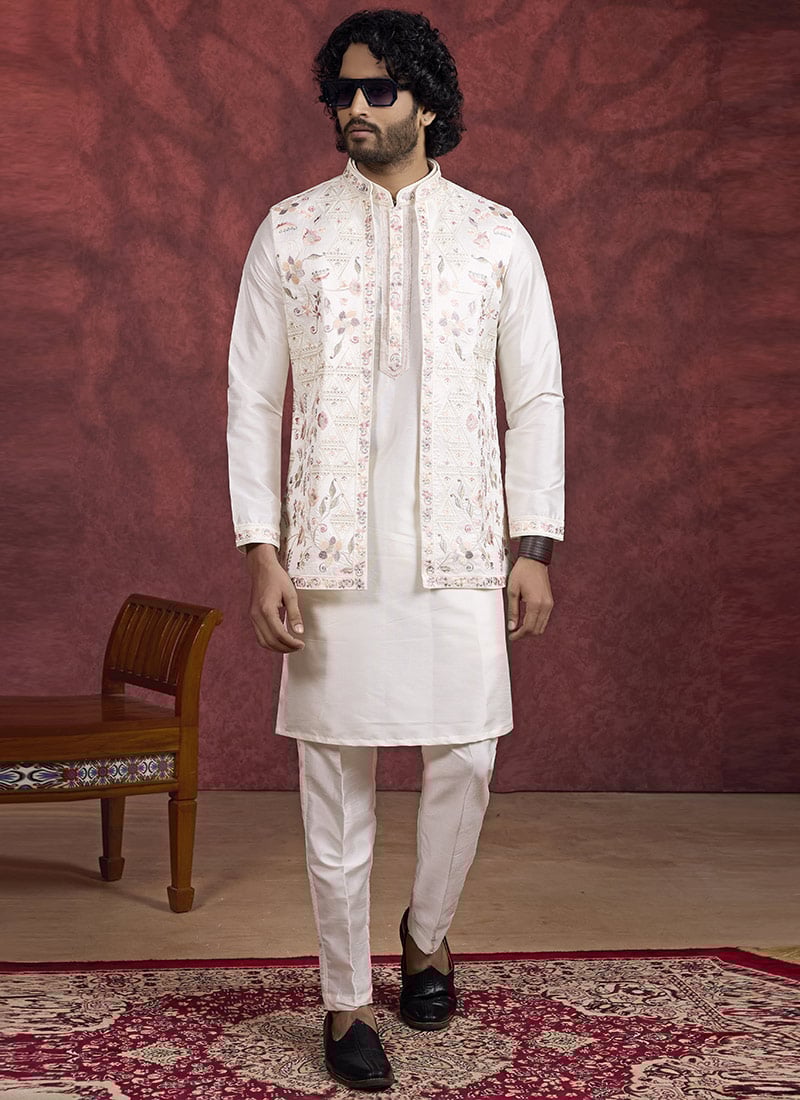 Cream Banarasi Silk Embroidered Sequins Thread Bandi Set Festive Wear