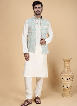 Cream Banarasi Silk Embroidery Work Jacket Bandi Set