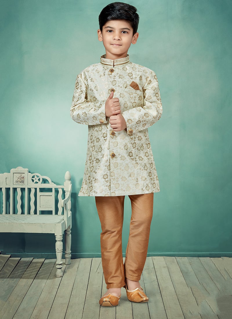 Cream Banarasi Silk Jacquard Indowestern Sherwani