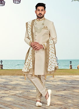 Cream Banarasi Silk Jacquard Indowestern Sherwani