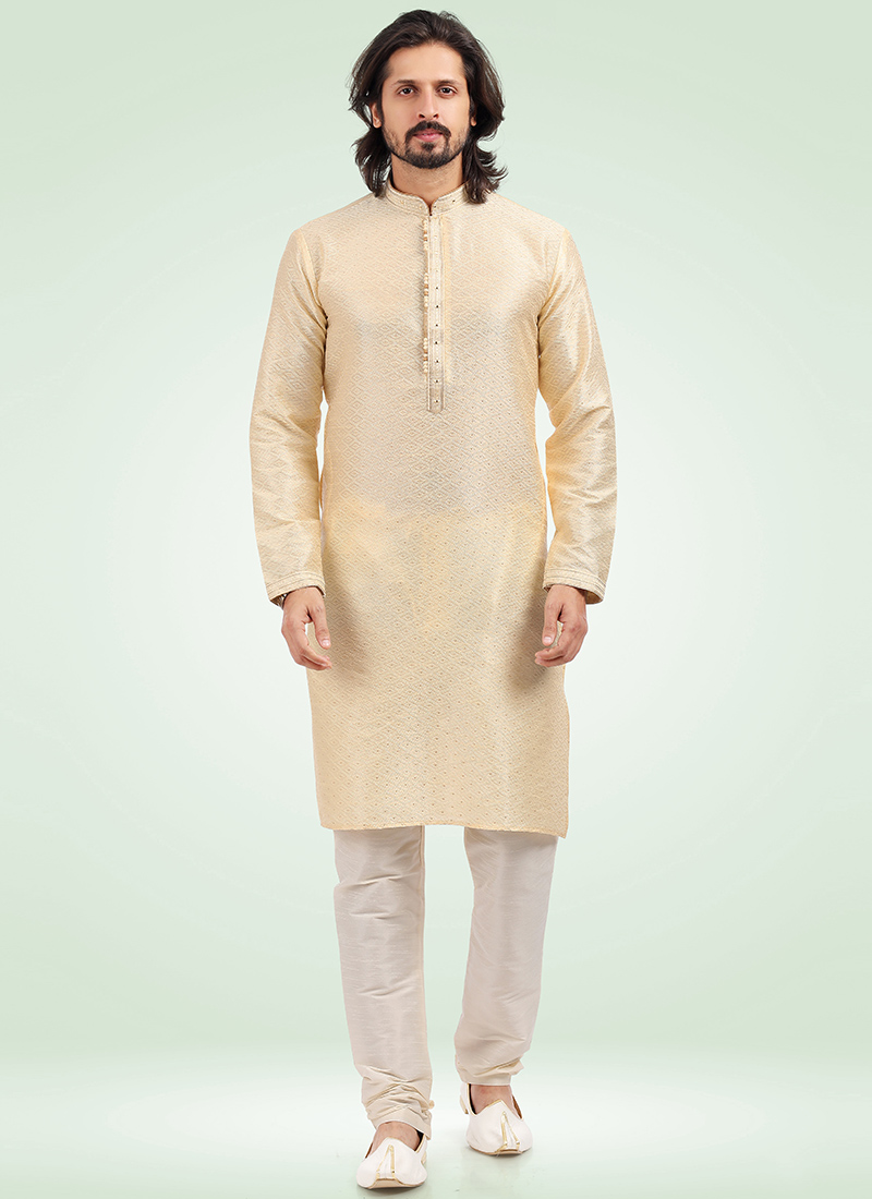 Cream Banarasi Silk Jacquard Kurta Pyjama  Party Wear