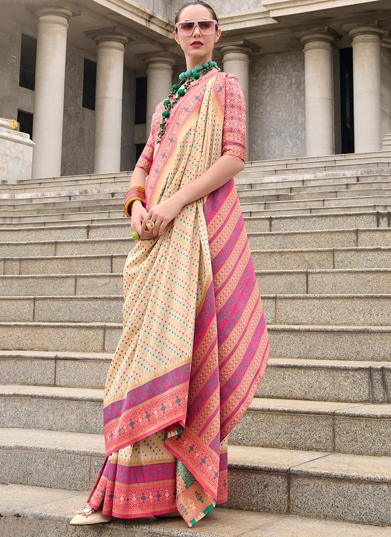 Cream Banarasi Silk Jacquard Saree Festive Wear