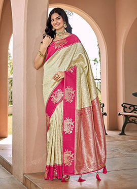 Cream Banarasi Silk Jacquard Woven Saree