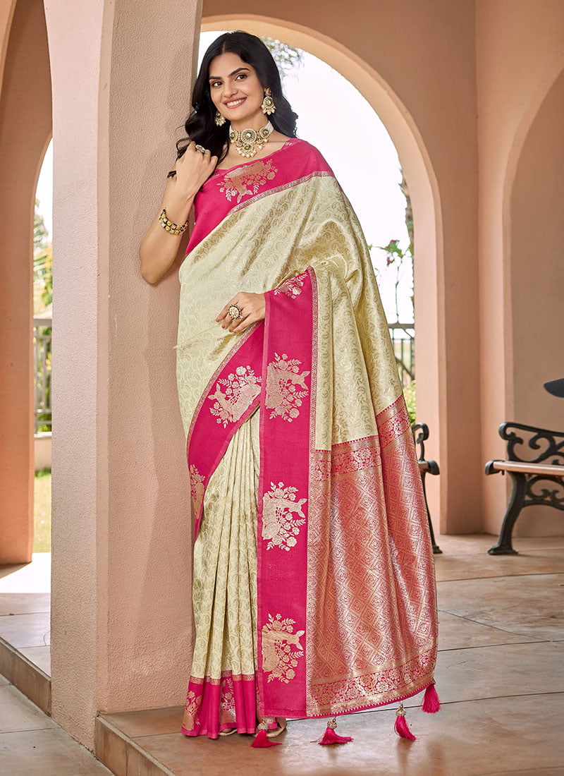 Cream Banarasi Silk Jacquard Woven Saree Festive Wear