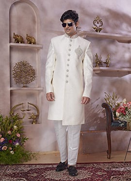 Cream Banarasi Silk Jacquard Zardosi Stone Thread Hand Work Indowestern Sherwani