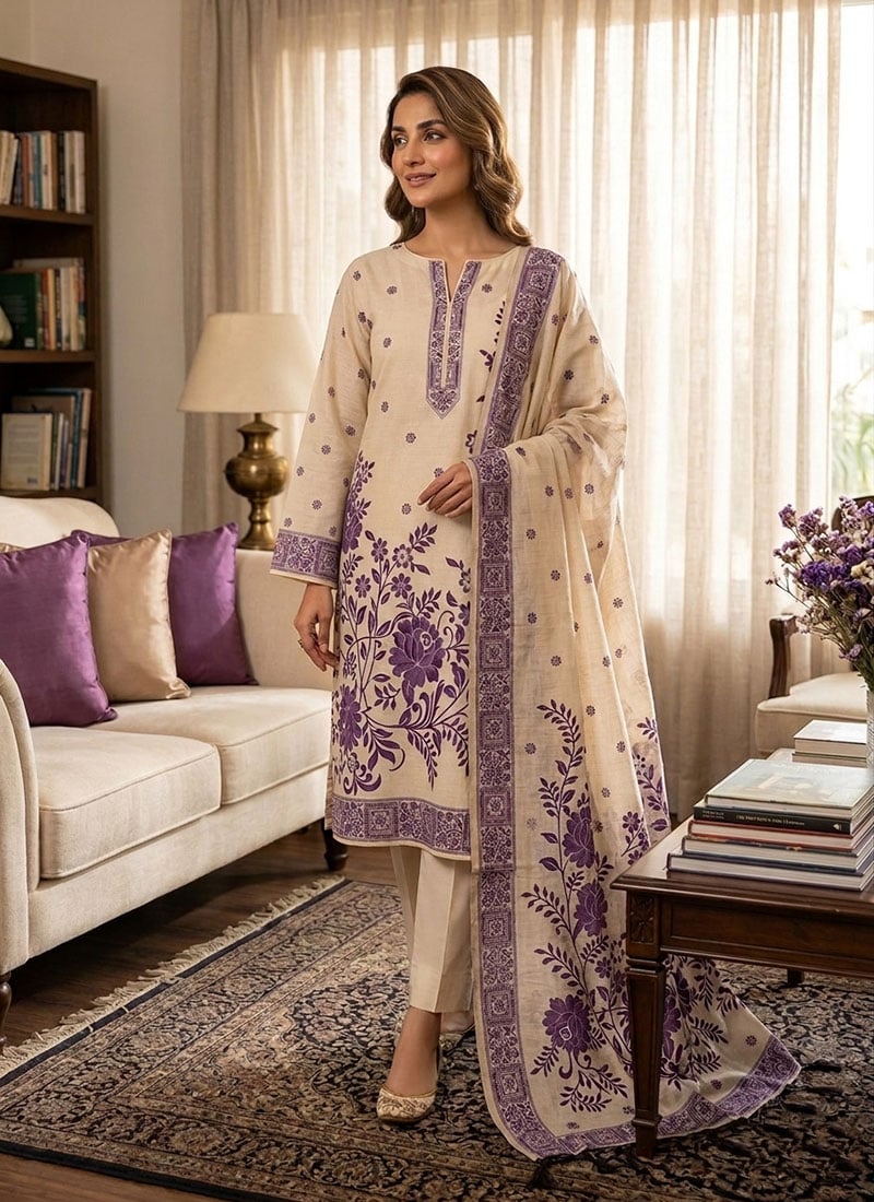 Cream Banarasi Silk Jamdani Pichwai Weaving Straight Pant Suit Leisure Wear