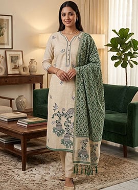 Cream Banarasi Silk Jamdani Pichwai Weaving Straight Pant Suit