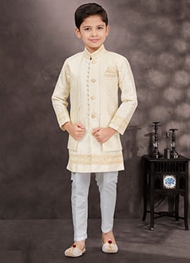 Cream Banarasi Silk Sequins Indowestern Sherwani A Royal Touch For Boys