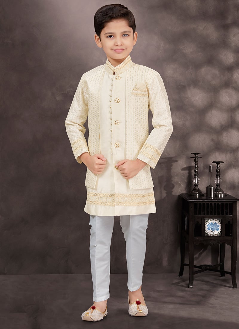 Cream Banarasi Silk Sequins Indowestern Sherwani A Royal Touch For Boys Wedding Wear