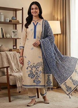Cream Banarasi Silk Straight Pant Suit With Jamdani Pichwai Weaving