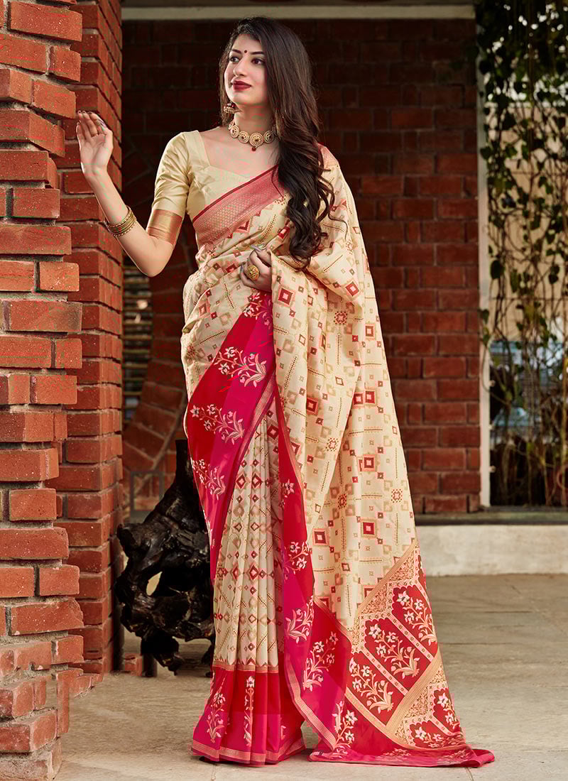 Cream Banarasi Silk Weaving Saree