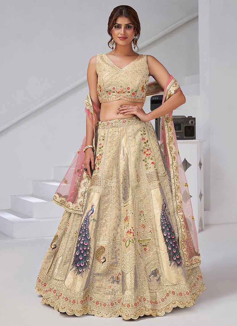 Cream Banarasi Silk Zari Embroidered Sequins With Stone Work Lehenga Wedding Wear