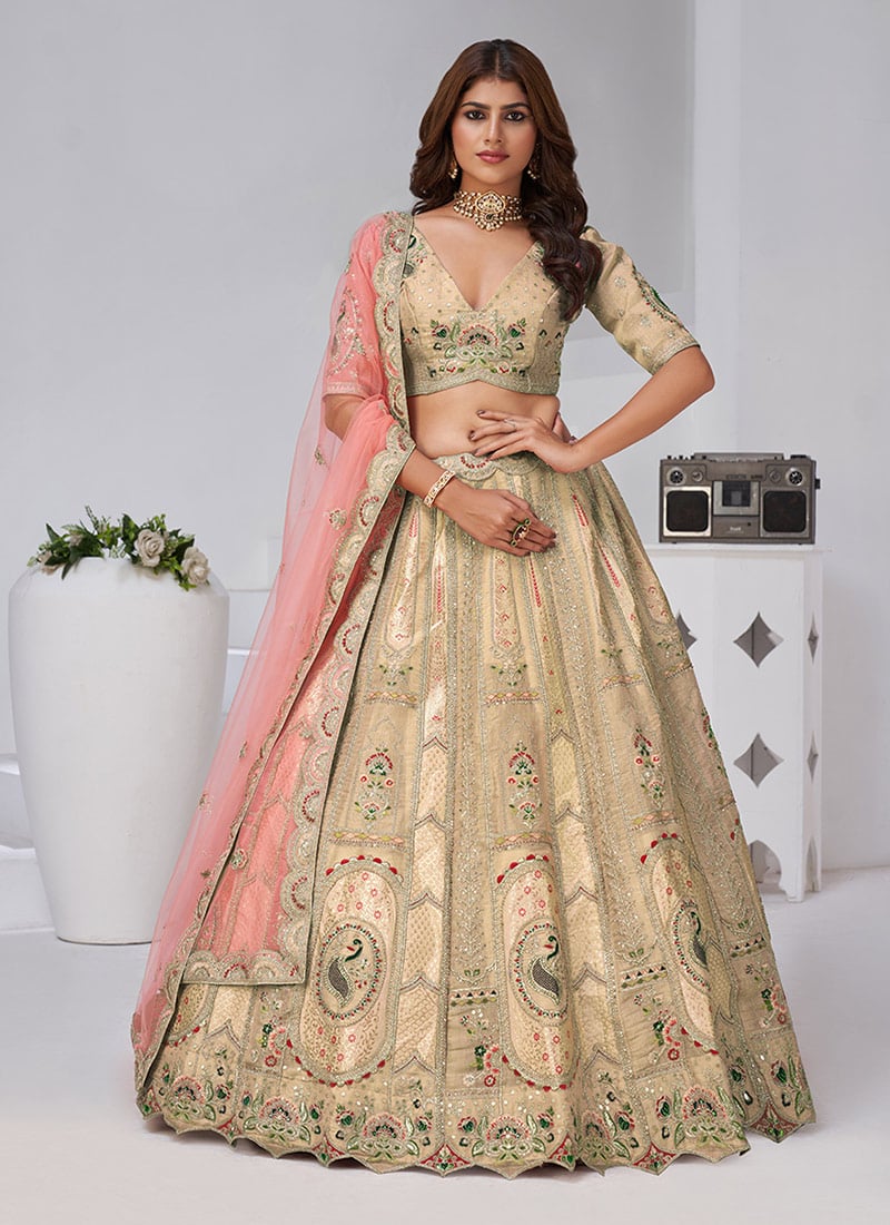 Cream Banarasi Silk Zari Embroidered Sequins With Stone Work Lehenga Wedding Wear