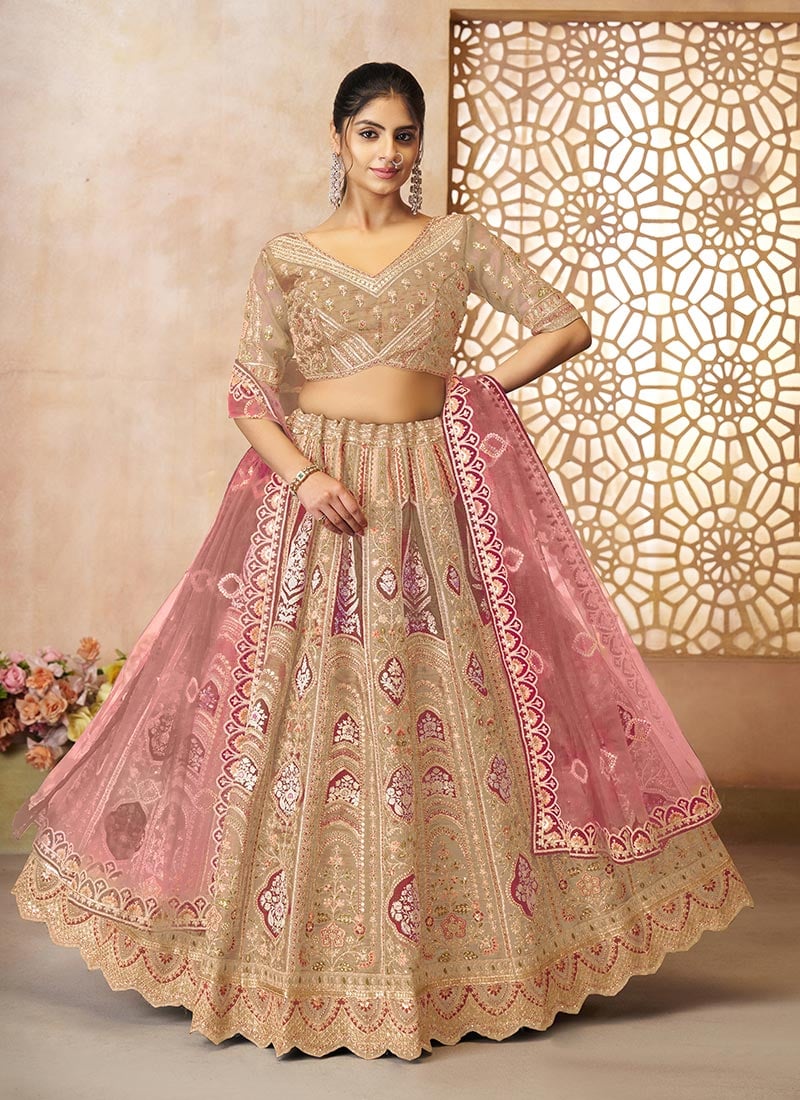 Cream Banarasi Silk Zari Embroidered Sequins With Stone Work Lehenga Wedding Wear