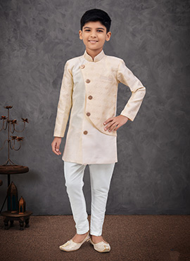 Cream Banarasi Silk Zari Jacquard Embroidered Sequins Boys Indowestern Sherwani