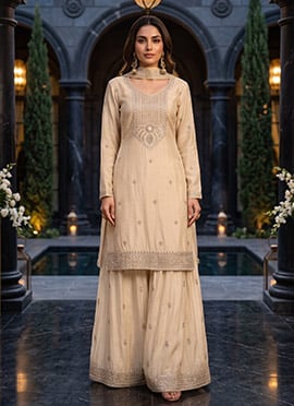 Cream Beaded Sequined Embroidered Chinon Palazzo Suit
