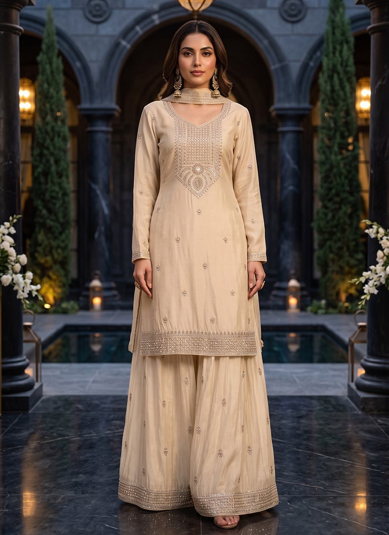 Cream Beaded Sequined Embroidered Chinon Palazzo Suit After Six Wear