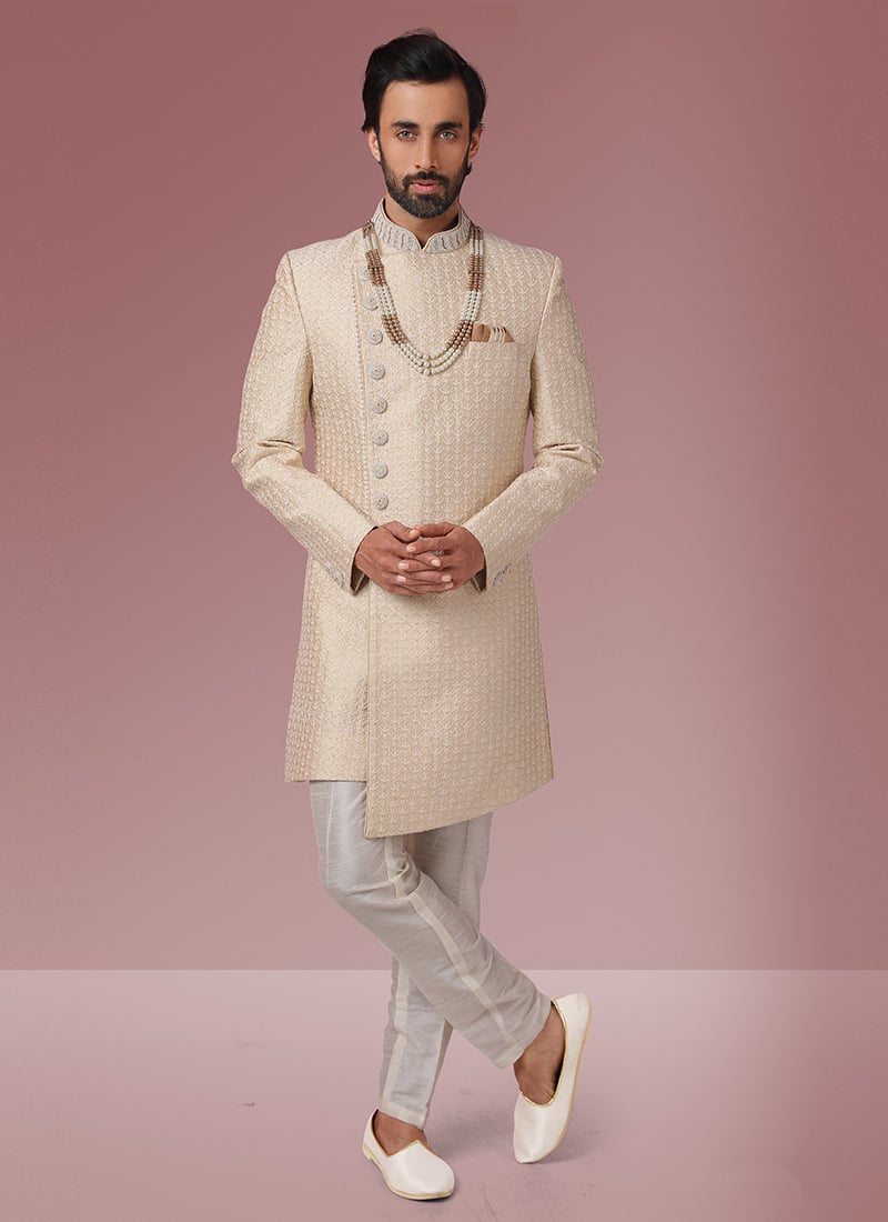 Cream Banarasi Silk Embroidered Angrakha Sherwani Wedding Wear
