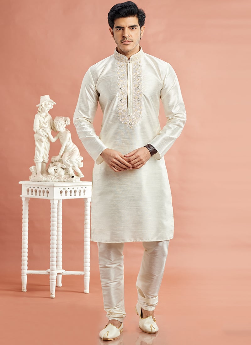 Cream Benarasi Silk Thread Embroidered Kurta Pyjama Festive Wear