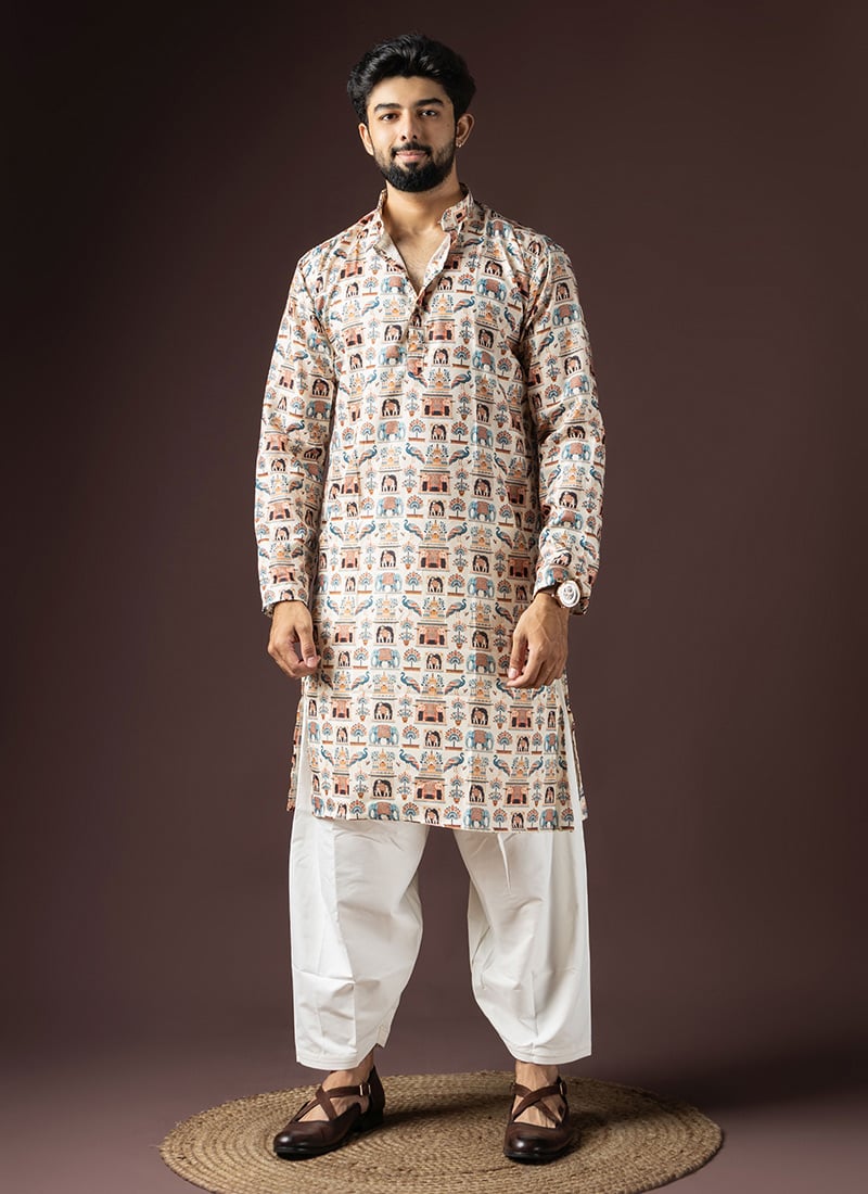 Cream Blended Cotton Printed Kurta Pyjama Festive Wear