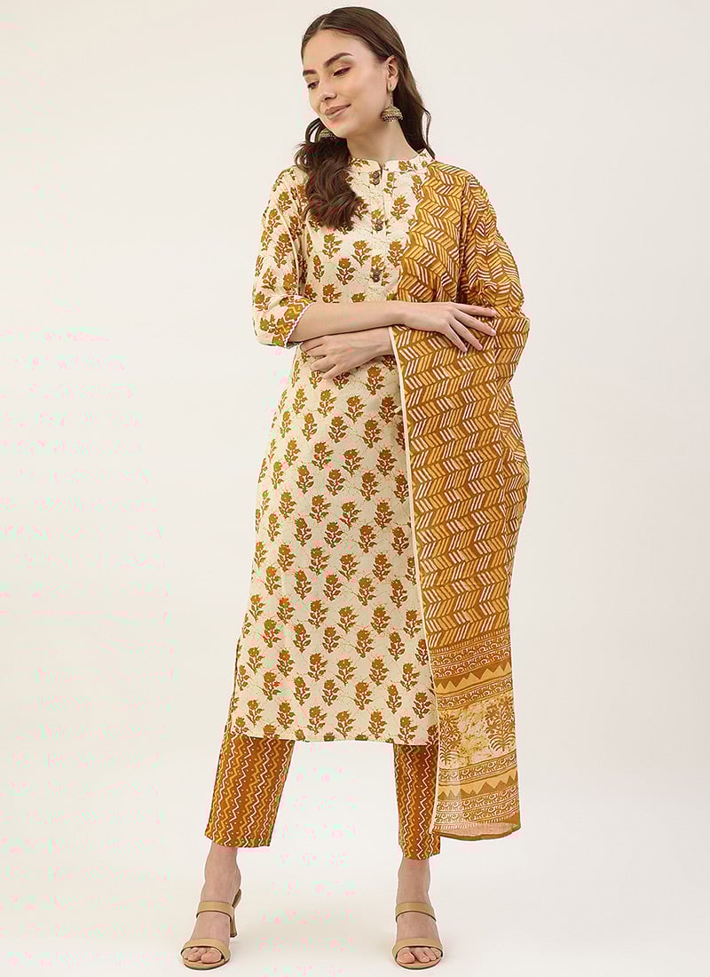 Shop Cream Blended Cotton Printed Straight Pant Suit After Six Wear