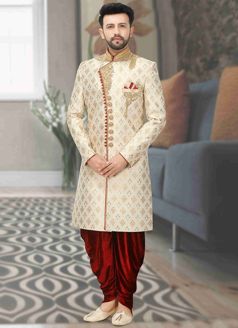 Cream Indo western Brocade Silk Chudidaar