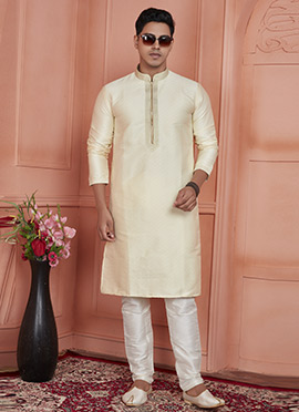 Cream Brocade Jacquard Silk Kurta Pyjama