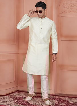 Cream Brocade Jacquard Silk With Zari Work  Kurta Pyjama