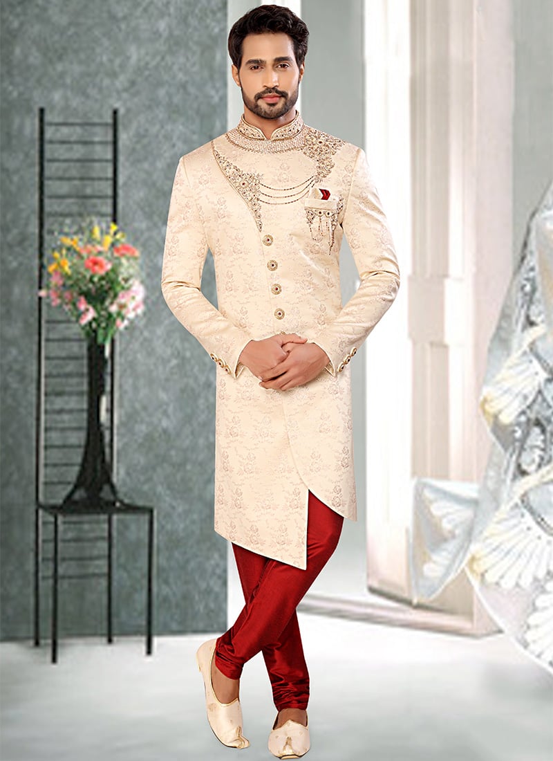 Cream Brocade Silk Embroidered Indowestern Sherwani Wedding Wear
