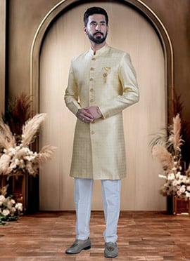 Cream Brocade Zari Work Indowestern Sherwani  For Men