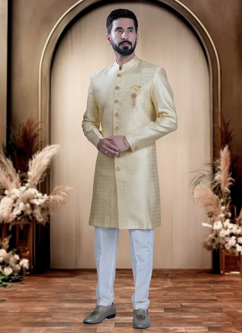 Cream Brocade Zari Work Indowestern Sherwani  For Men Wedding Wear