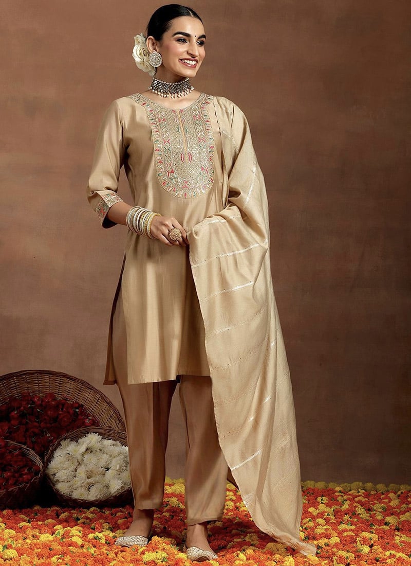 Cream Chanderi Embroidered Sequins Straight Pant Suit After Six Wear