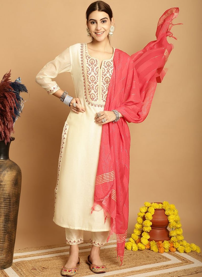 Cream Chanderi Embroidered Straight Pant Suit After Six Wear