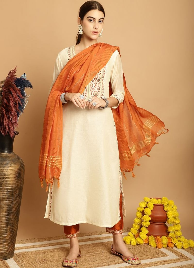 Cream Chanderi Embroidered Straight Pant Suit After Six Wear