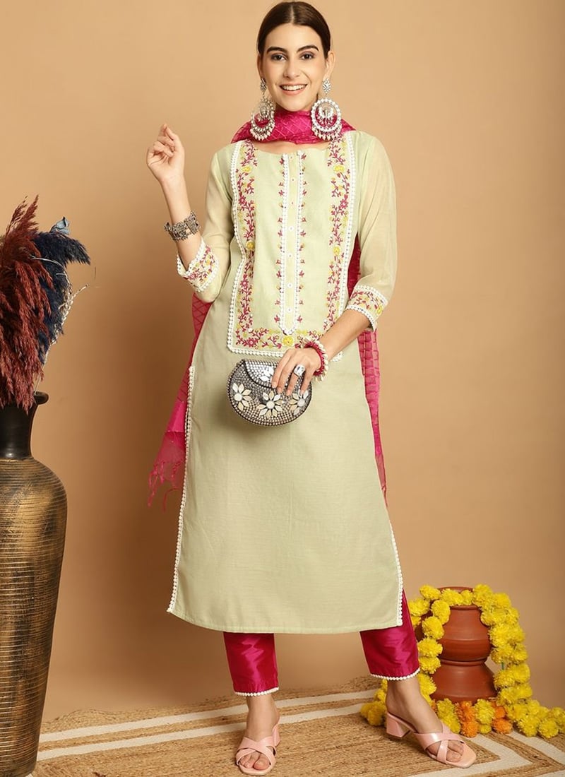 Cream Chanderi Embroidered Straight Pant Suit After Six Wear