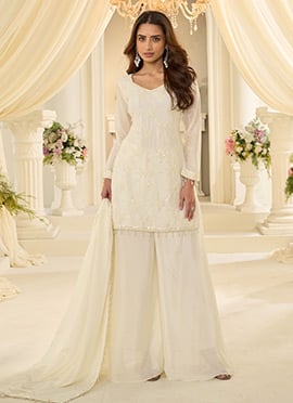 Cream Chinnon Silk Palazzo Suit With Embroidered Beads And Sequins Work
