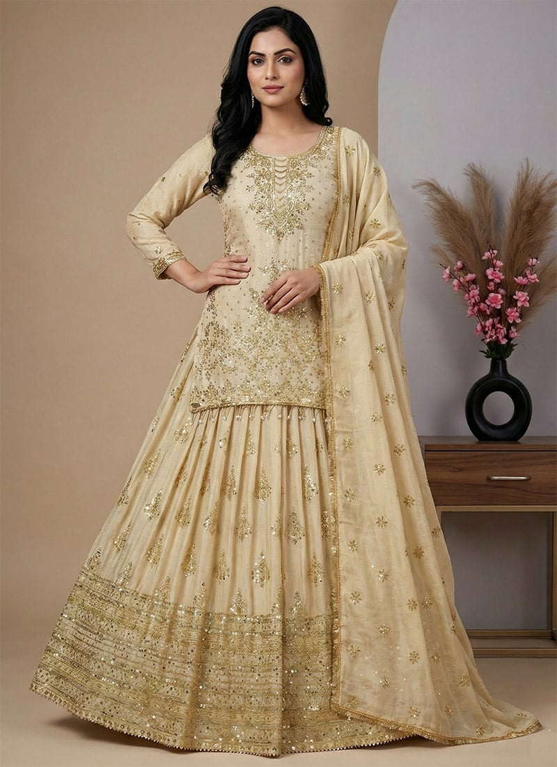 Cream Chinon Embroidered Sequins A Line Lehenga Festive Wear