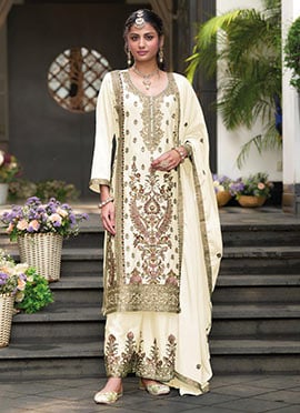 Cream Chinon Embroidered Sequins Palazzo Suit