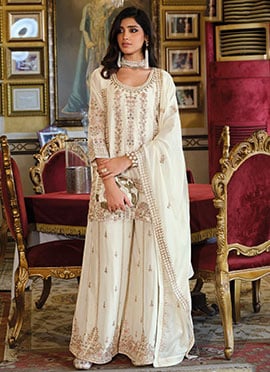 Cream Chinon Embroidered Sequins Palazzo Suit