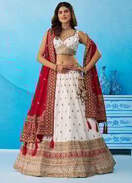 Cream Chinon Embroidered Sequins Zari Lehenga