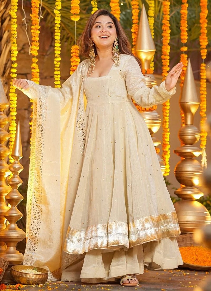 Cream Chinon Embroidered Straight Pant Suit Festive Wear