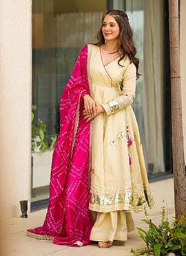 Cream Chinon Gota Work Angarkha Style Anarkali Palazzo Suit With Bandhani Print Dupatta