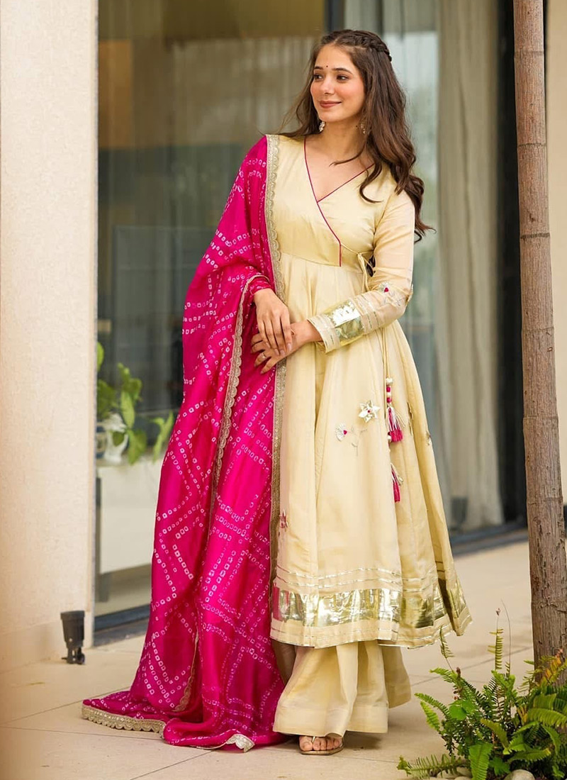 Cream Chinon Gota Work Angarkha Style Anarkali Palazzo Suit With Bandhani Print Dupatta Festive Wear
