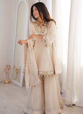 Cream Chinon Mirror Work Palazzo Suit