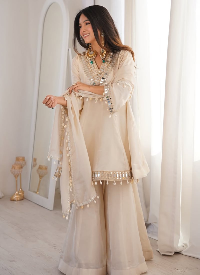 Cream Chinon Mirror Work Palazzo Suit Festive Wear